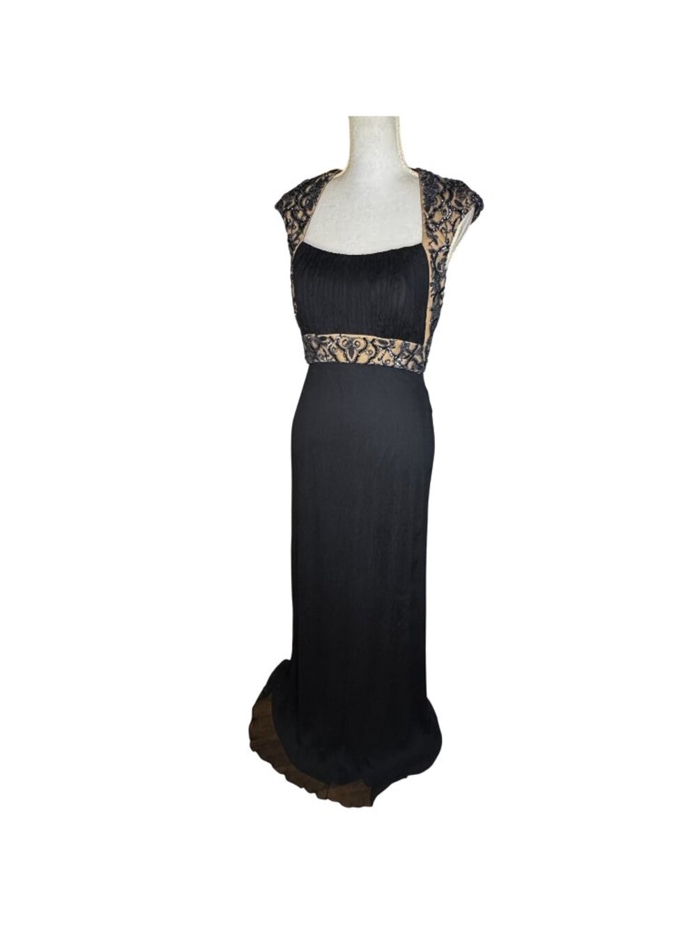 Tadashi Shoji Silk Hand-Beaded Sheer Back Formal Gown Black Floor-Length Elegant